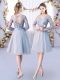 Grey Empire V-neck Long Sleeves Tulle Knee Length Lace Up Lace and Belt Bridesmaids Dress