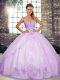 Fabulous Lavender Ball Gowns Sweetheart Sleeveless Tulle Floor Length Lace Up Beading and Embroidery Quinceanera Dress