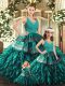 Turquoise Ball Gowns V-neck Sleeveless Organza Floor Length Backless Appliques and Ruffles Vestidos de Quinceanera