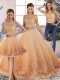 Peach Sweet 16 Quinceanera Dress Military Ball and Sweet 16 and Quinceanera with Lace Scalloped Sleeveless Sweep Train Backless