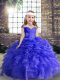Straps Sleeveless Child Pageant Dress Floor Length Beading and Ruffles Blue Organza