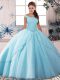 Fancy Light Blue Quinceanera Gown Off The Shoulder Sleeveless Brush Train Lace Up