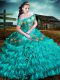 Graceful Sleeveless Floor Length Embroidery and Ruffles Lace Up Sweet 16 Dress with Turquoise