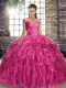 Designer Fuchsia Off The Shoulder Lace Up Beading and Ruffles Ball Gown Prom Dress Brush Train Sleeveless