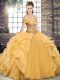 High Class Off The Shoulder Sleeveless Lace Up Quinceanera Gowns Gold Organza