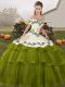 Luxury Olive Green Ball Gowns Tulle Off The Shoulder Sleeveless Embroidery and Ruffled Layers Lace Up Vestidos de Quinceanera Brush Train