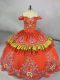 Most Popular Orange Red Off The Shoulder Neckline Embroidery Quince Ball Gowns Sleeveless Lace Up