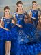 Elegant Off The Shoulder Sleeveless Lace Up 15th Birthday Dress Royal Blue Satin and Organza