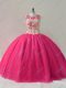 Hot Pink Lace Up Sweet 16 Dress Beading Sleeveless Floor Length