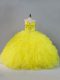 New Style Sleeveless Tulle Floor Length Lace Up Vestidos de Quinceanera in Yellow with Beading and Ruffles