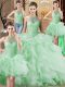 Traditional Apple Green Organza Lace Up Quinceanera Gowns Sleeveless Brush Train Beading and Ruffles