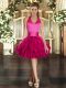 Sumptuous Fuchsia Ball Gowns Halter Top Sleeveless Tulle Mini Length Lace Up Ruffles Dress for Prom