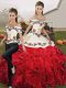 White And Red Off The Shoulder Neckline Embroidery and Ruffles Quinceanera Gowns Sleeveless Lace Up
