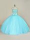 Super Strapless Sleeveless Ball Gown Prom Dress Floor Length Beading Aqua Blue Tulle