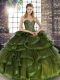 Olive Green Ball Gowns Sweetheart Sleeveless Tulle Floor Length Lace Up Beading and Ruffles Quince Ball Gowns