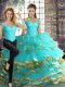 Floor Length Aqua Blue Ball Gown Prom Dress Tulle Sleeveless Beading and Ruffled Layers
