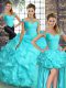 Sleeveless Floor Length Beading and Ruffles Lace Up Quinceanera Gown with Aqua Blue