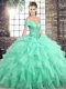 Affordable Off The Shoulder Sleeveless Quince Ball Gowns Brush Train Beading and Ruffles Apple Green Organza