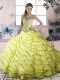 Beauteous Yellow Green Lace Up Quinceanera Gown Beading and Ruffled Layers Sleeveless Brush Train