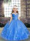 Sleeveless Floor Length Beading and Hand Made Flower Lace Up Girls Pageant Dresses with Blue