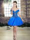 Most Popular Sleeveless Tulle Mini Length Lace Up Dress for Prom in Blue with Beading and Ruffles