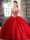Red Sleeveless Tulle Brush Train Lace Up Quinceanera Dresses for Military Ball and Sweet 16 and Quinceanera