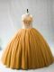 Gold Ball Gowns Tulle Halter Top Sleeveless Beading Lace Up Quinceanera Gown Brush Train