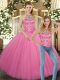 Fashion Tulle Halter Top Sleeveless Lace Up Embroidery Vestidos de Quinceanera in Rose Pink