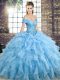 Blue Ball Gown Prom Dress Off The Shoulder Sleeveless Brush Train Lace Up