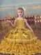 Gold Organza Lace Up Straps Sleeveless Floor Length Little Girls Pageant Dress Wholesale Beading and Embroidery and Ruffled Layers