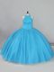 Aqua Blue Ball Gowns Halter Top Sleeveless Tulle Brush Train Lace Up Beading and Lace Quinceanera Gown