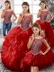Floor Length Red Quinceanera Dress Organza Sleeveless Beading and Ruffles