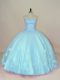 Aqua Blue Sleeveless Floor Length Beading and Hand Made Flower Lace Up Quinceanera Gowns