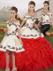 Modest Floor Length Three Pieces Sleeveless White And Red Vestidos de Quinceanera Lace Up