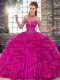 Popular Fuchsia Quinceanera Gown Military Ball and Sweet 16 and Quinceanera with Beading and Ruffles Halter Top Sleeveless Lace Up