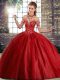 Sleeveless Tulle Brush Train Lace Up Quinceanera Dresses in Wine Red with Beading