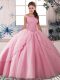Rose Pink Tulle Lace Up Vestidos de Quinceanera Sleeveless Brush Train Beading