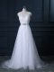 Sleeveless Lace Brush Train Backless Bridal Gown in White with Beading and Lace