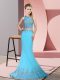 Aqua Blue Zipper Dress for Prom Beading and Appliques Sleeveless Sweep Train