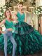 Floor Length Backless Quinceanera Dress Turquoise for Sweet 16 and Quinceanera with Appliques and Ruffles