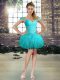 Aqua Blue Off The Shoulder Neckline Beading and Ruffles Prom Evening Gown Sleeveless Lace Up