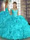 New Arrival Beading and Ruffles Ball Gown Prom Dress Aqua Blue Lace Up Sleeveless Floor Length