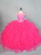 Vintage Hot Pink Sleeveless Floor Length Beading and Ruffles Lace Up Ball Gown Prom Dress