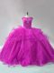 Fuchsia Scoop Lace Up Beading and Ruffles 15th Birthday Dress Brush Train Long Sleeves
