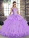 Best Lavender Sweet 16 Dresses Military Ball and Sweet 16 and Quinceanera with Lace and Embroidery and Ruffles Scoop Sleeveless Lace Up