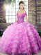 Dynamic Lilac Ball Gowns Organza Off The Shoulder Sleeveless Beading and Ruffled Layers Lace Up Quince Ball Gowns Brush Train