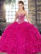 Amazing Sweetheart Sleeveless Ball Gown Prom Dress Floor Length Beading and Ruffles Fuchsia Tulle