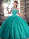 Tulle Halter Top Sleeveless Brush Train Lace Up Beading 15th Birthday Dress in Turquoise