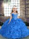 Floor Length Lace Up Little Girls Pageant Gowns Royal Blue for Party and Wedding Party with Beading and Ruching