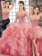 Most Popular Sweetheart Sleeveless Quinceanera Dresses Brush Train Beading and Ruffles Watermelon Red Tulle